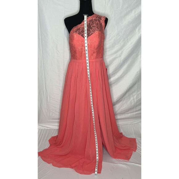 NWT JJs House Watermelon One Shoulder Long Lace Chiffon Bridesmaid‎ Dress US10 - Picture 5 of 14